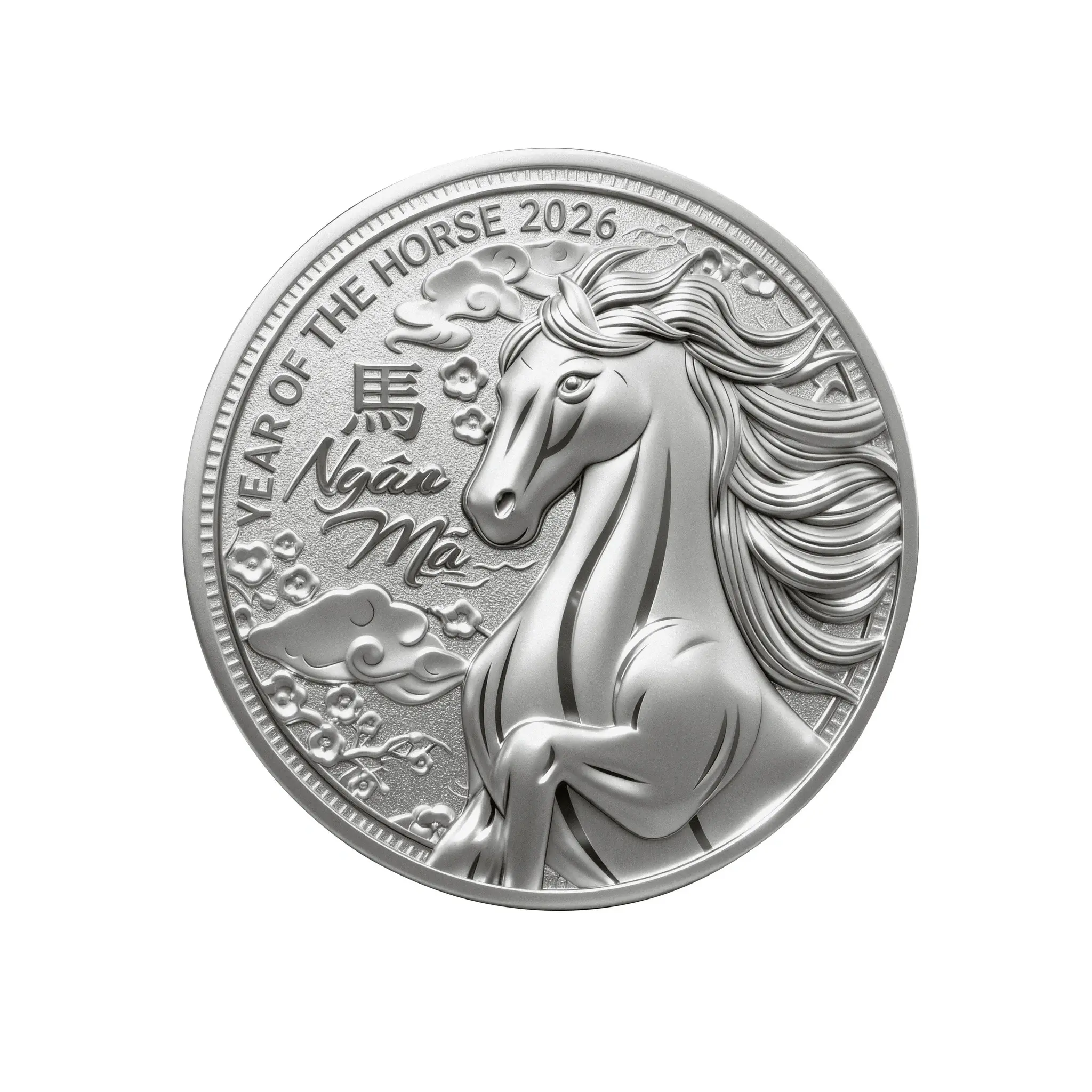 Cận cảnh mặt trước đồng xu Ngân Mã Vượng Phát với hình ảnh chiến mã dập nổi 3D sống động
