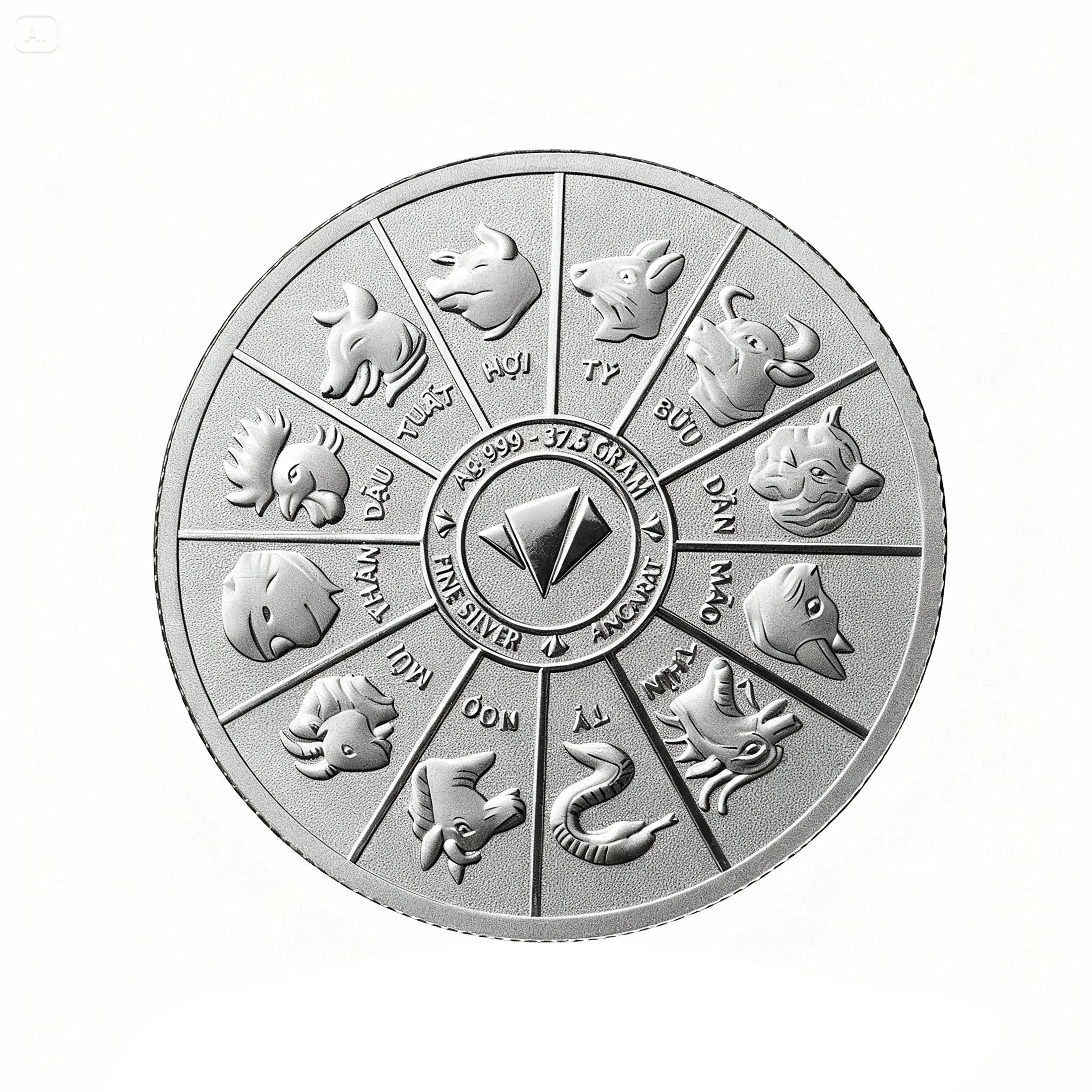 Mặt sau bạc miếng Ancarat khắc vòng tròn 12 con giáp bảo vệ bình an