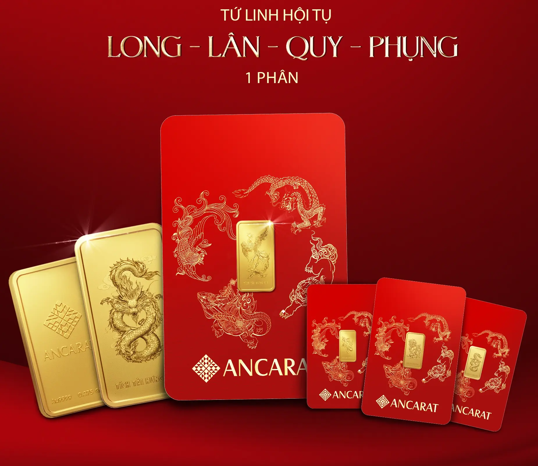 Trọn bộ BST Tứ Linh Hội Tụ của Ancarat được chế tác từ vàng 9999 với thiết kế dạng thẻ ATM hiện đại, nhỏ gọn và dễ cất giữ.