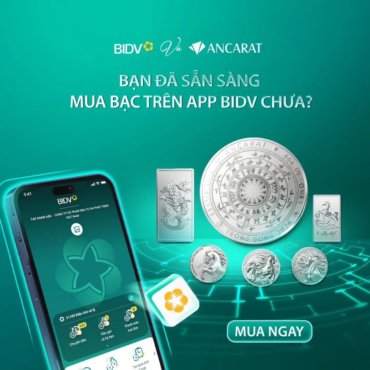 Khách hàng dễ dàng sở hữu bạc Ancarat ngay trên ứng dụng BIDV SmartBanking với bảo mật đa tầng, giao dịch an toàn và tiện lợi 24/7.