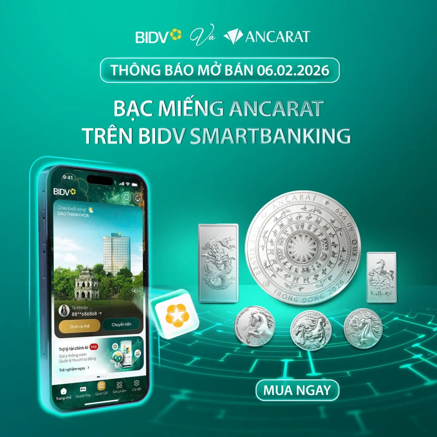 Mua bạc Ancarat "không tiền mặt" nhanh chóng, bảo mật ngay trên ứng dụng BIDV SmartBanking.