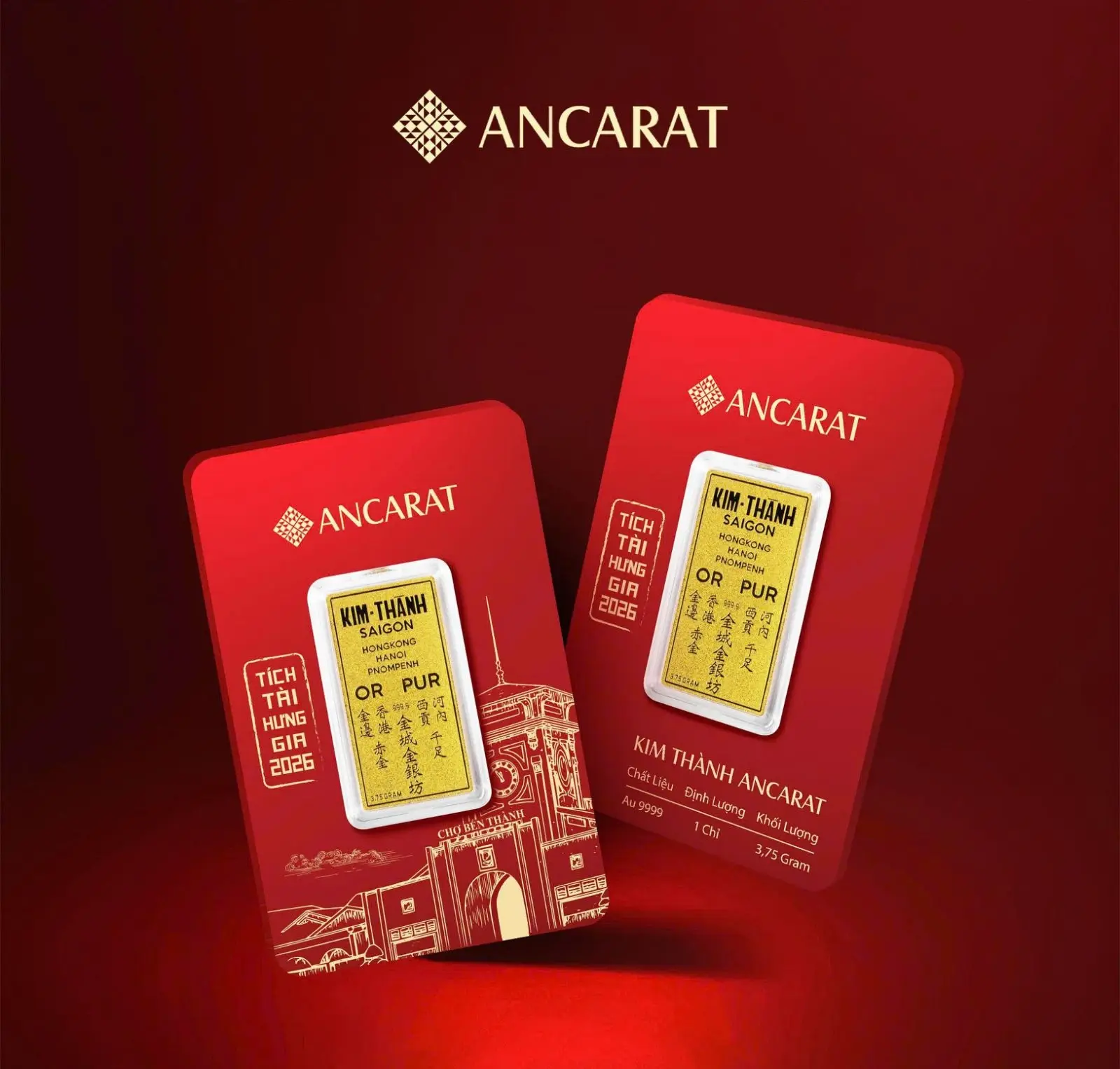 Dòng chữ "Tích Tài Hưng Gia 2026" trên bao bì Vàng Nam Kim Thành mang thông điệp tích lũy tài sản để gia đạo hưng thịnh, phát triển bền vững.