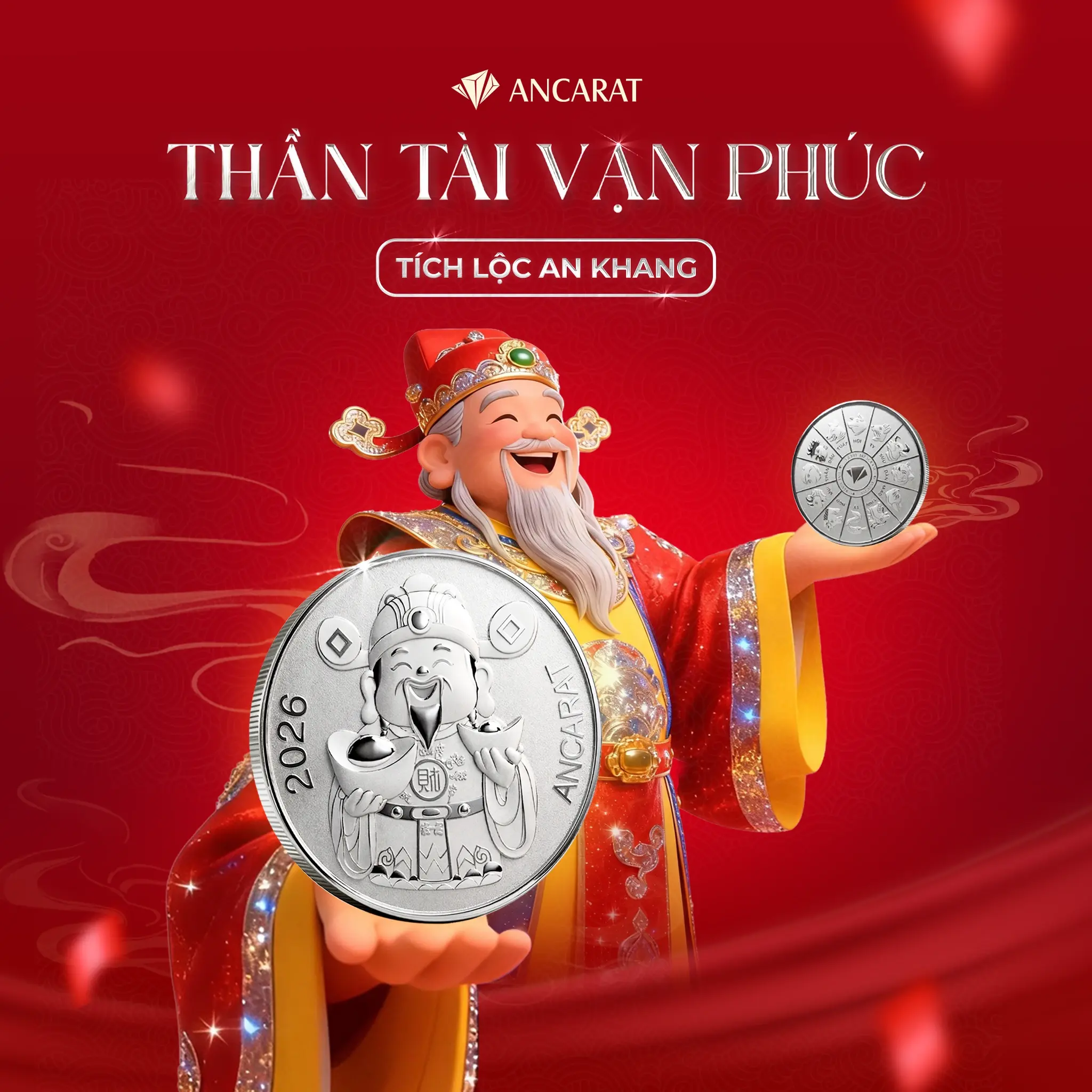 Cận cảnh Thần Tài Vạn Phúc chế tác từ bạc 999 nguyên chất của bạc Ancarat. Hình tượng ông Thần Tài với nụ cười viên mãn không chỉ giúp thanh lọc khí trường mà còn là biểu tượng của sự ổn định.