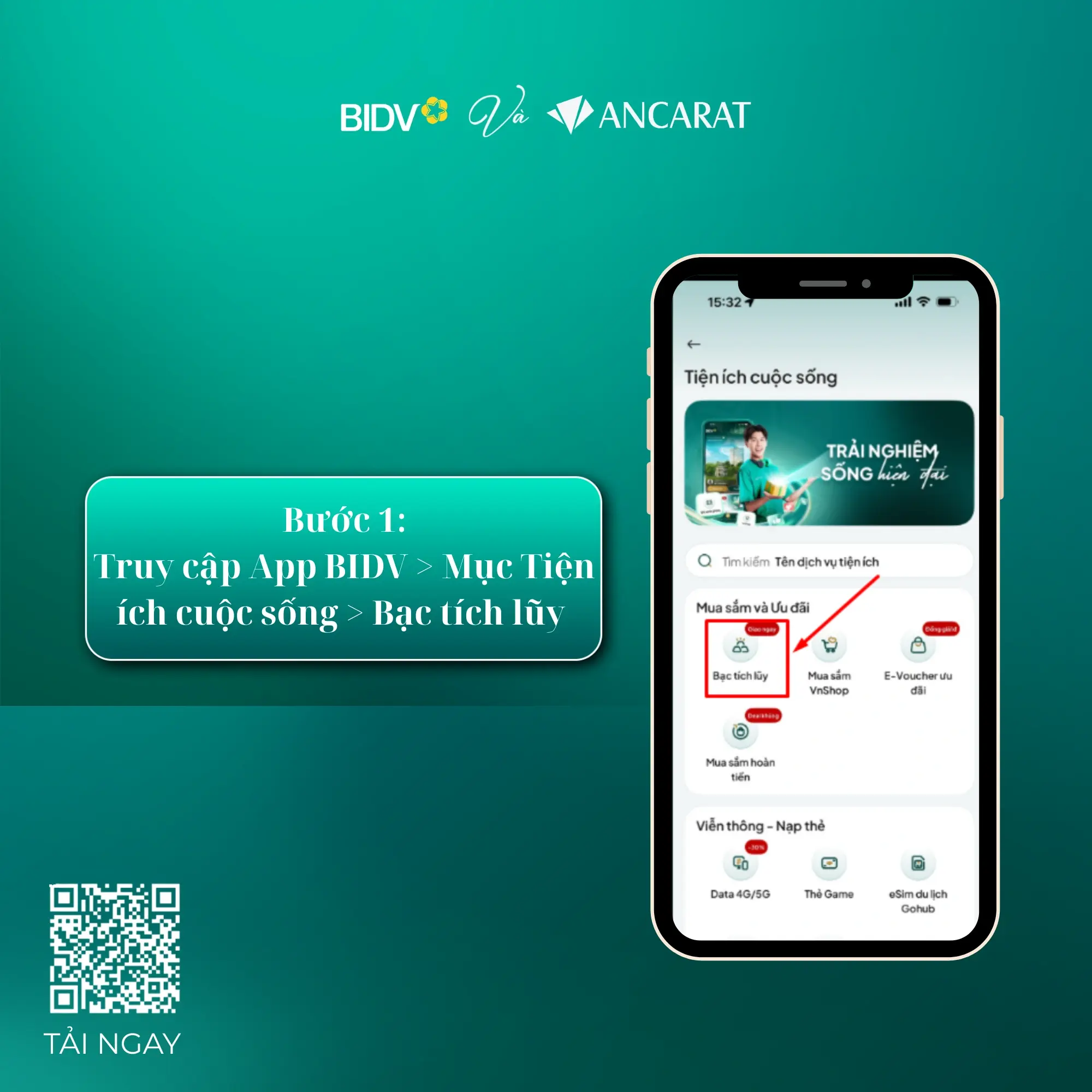 Hình ảnh màn hình chính App BIDV và icon Bạc tích lũy