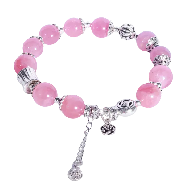 Vòng bạc charm rơi  mix đá thạch anh hồng