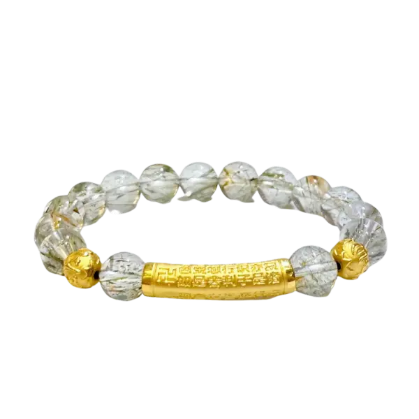 Vòng đá thạch anh tóc xanh phối Charm Chú Bình An tròn mix Lắc Vàng Tâm Kinh