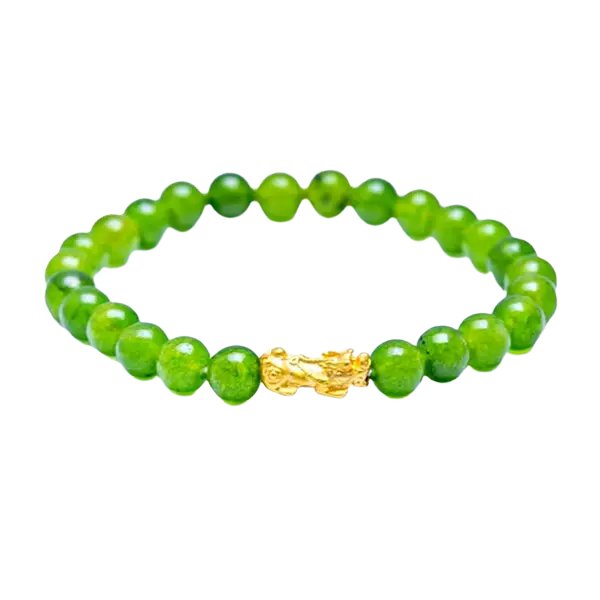 Vòng đá thạch anh xanh lá phối Charm vàng Tỳ Hưu mệnh Mộc – May mắn – Tiền tài