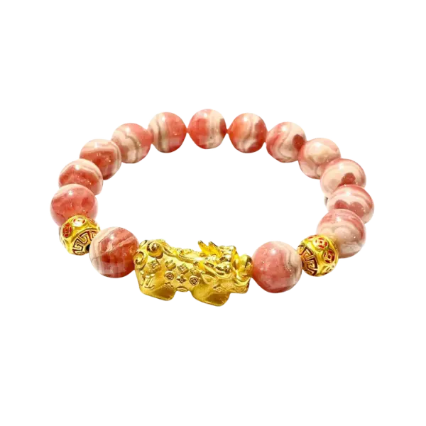 Vòng tay đá đào hoa phối hột tròn kim tiền mix tỳ hưu LV