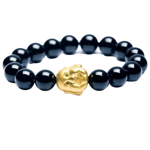 Vòng Tay Đá Mã Não Đen Phối Charm Vàng 24k Phật Di Lặc