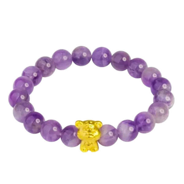 Vòng tay đá thạch anh tím mix charm vàng tuổi Dần – Bình an – May mắn