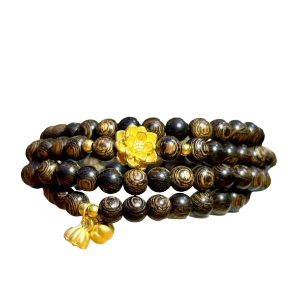 Vòng gỗ Trầm sánh 6mm phối Mặt dây Đài sen mix Charm Hoa sen