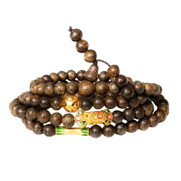 Vòng Trầm 108 Hạt Mix Vàng 24k Tỳ Hưu Kim Tiền Như Ý