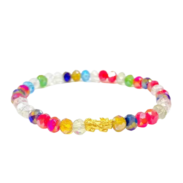 Vòng đá Pha lê Đa Sắc mix Charm Vàng 24K Tỳ hưu tài lộc Size XS