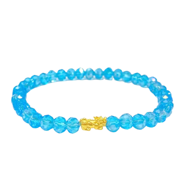 Vòng đá Pha lê Xanh Dương mix Charm Vàng 24K Tỳ hưu tài lộc Size XS