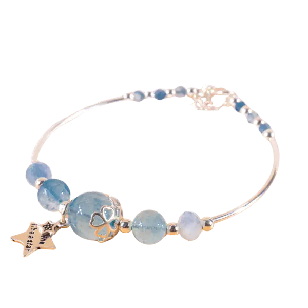 Vòng tay bạc đá Aquamarine mix charm bạc ngôi sao