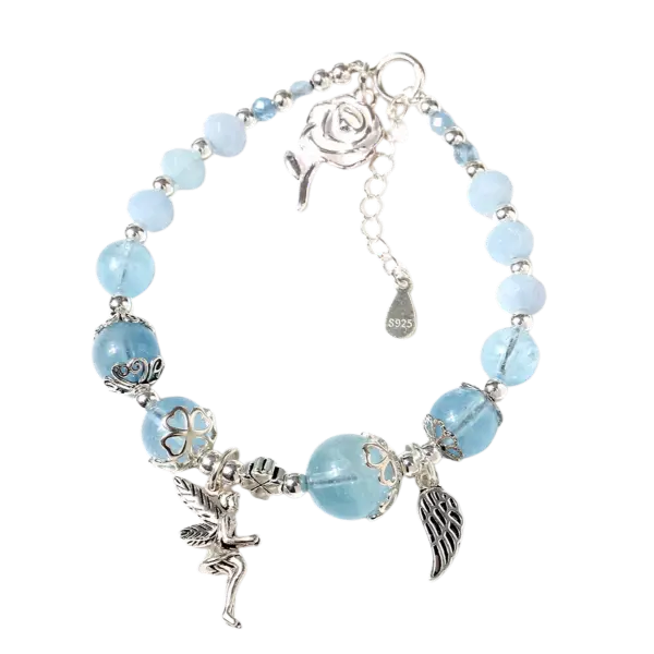 Vòng tay đá Aquamarine phối charm thiên thần mix bạc