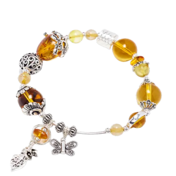 Vòng tay đá Hổ phách và Thạch anh vàng phối charm bướm