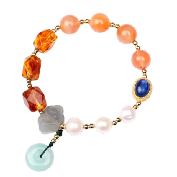 Vòng tay đá sunstone phối đá hổ phách mix bạc