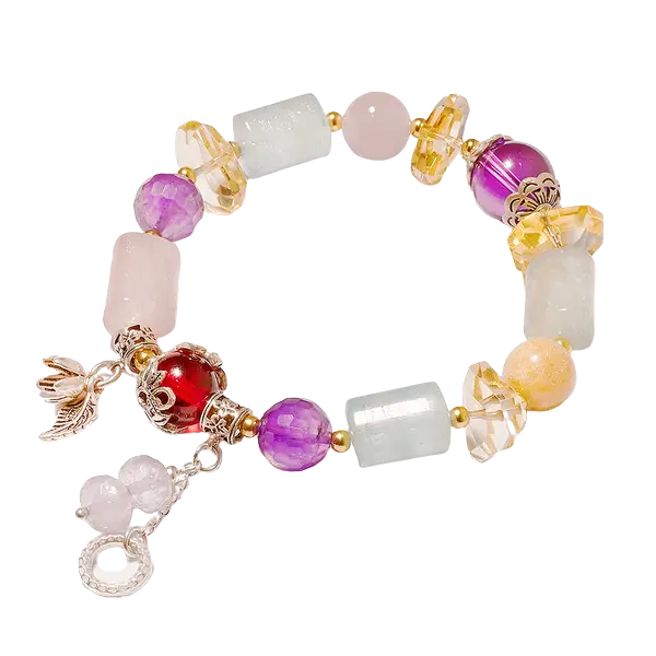 Vòng tay đá Thạch anh phối charm hoa rơi mix bạc