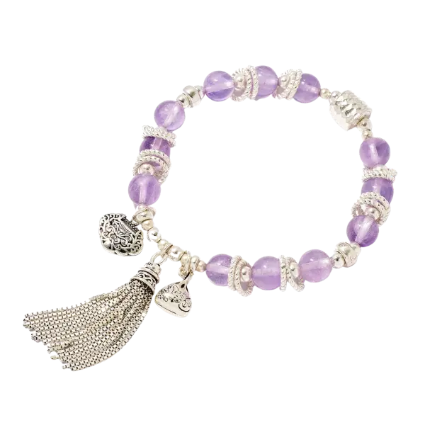 Vòng tay đá Thạch anh tím phối charm khóa trường mệnh