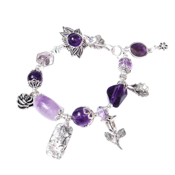 Vòng tay đá thạch anh tím phối hoa hướng dương mix bạc