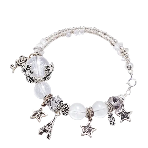 Vòng tay đá Ưu linh trắng phối charm tháp eiffel