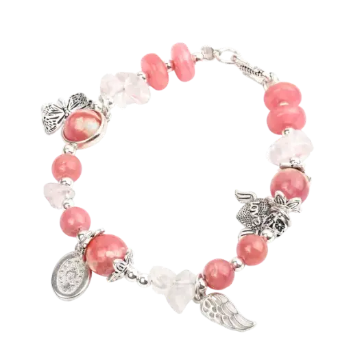 Vòng tay bạc đá đào hoa phối đá thạch anh trắng mix bạc