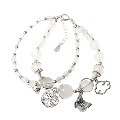 Vòng tay bạc đá moonstone phối đá thạch anh trắng mix bạc