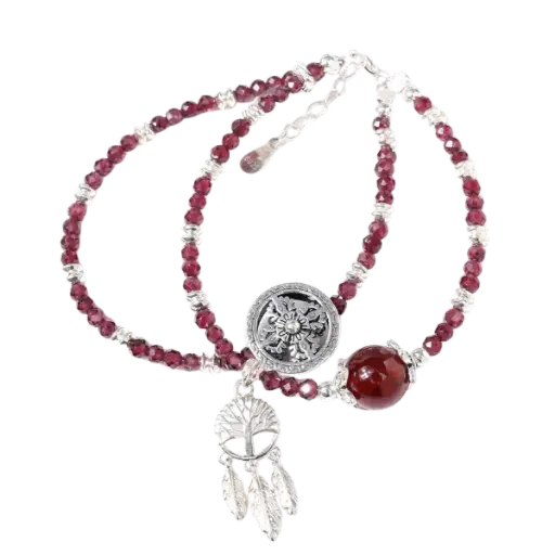 Vòng tay bạc mạn đà la phối đá garnet mix bạc