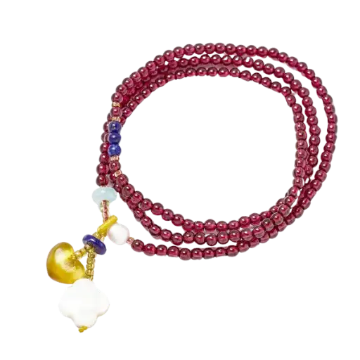 Vòng tay bạc quấn đá Garnet phối charm hoa