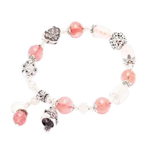 Vòng tay đá Thạch anh dâu hồng phối charm mèo chiêu tài