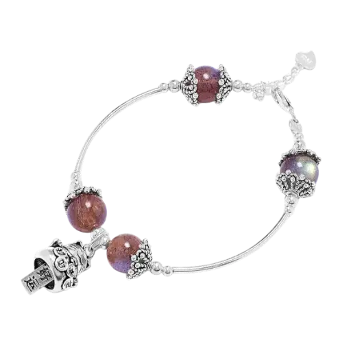 Vòng tay đá Thạch anh dâu phối Chuông bạc Mèo mix bạc