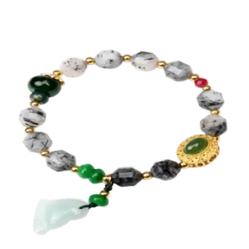 Vòng tay đá thạch anh tóc đen phối mix bạc