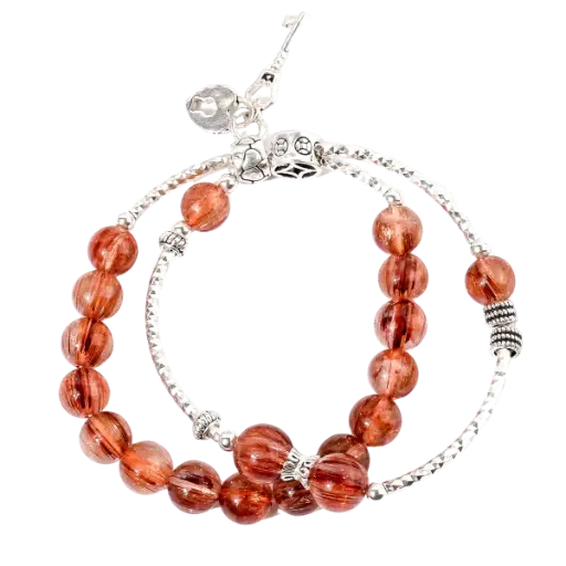 Vòng tay đá thạch anh tóc đỏ phối charm khóa trường mệnh mix bạc