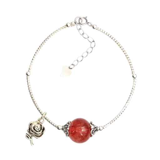 Vòng tay đá thạch anh tóc đỏ phối hoa hồng mix bạc