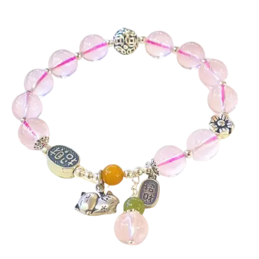 Vòng tay bạc mèo chiêu tài mix đá thạch anh hồng