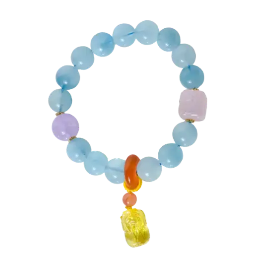 Vòng tay đá aquamarine mix tỳ hưu đá thạch anh vàng