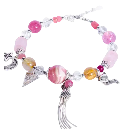 Vòng bạc charm tình yêu mix đá thạch anh hồng, đào hoa