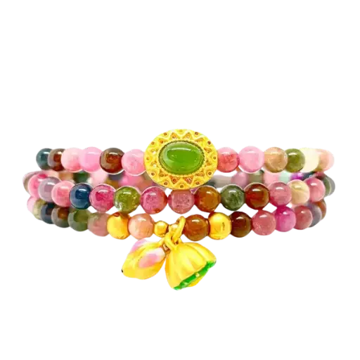 Vòng Đá Tourmaline 3mm phối Charm ngọc bích mix Mặt dây Búp sen Đài sen