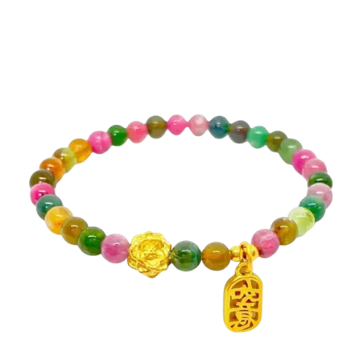 Vòng Đá Tourmaline phối Charm Vàng Hoa sen mix Mặt dây Như ý cát tường