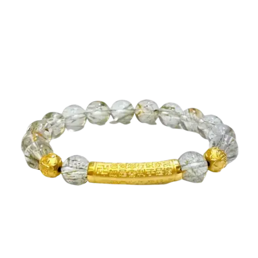 Vòng đá thạch anh tóc xanh phối Charm Chú Bình An tròn mix Lắc Vàng Tâm Kinh