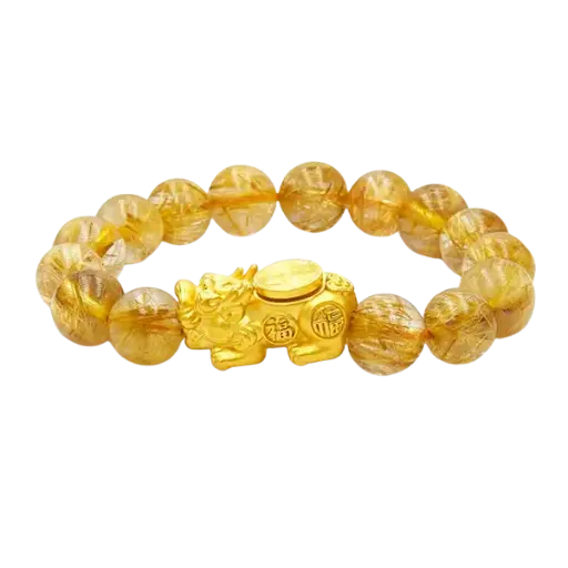 Vòng đá Thạch anh tóc phối charm Tỳ Hưu xoay khắc máy