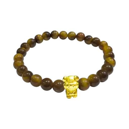 Vòng tay đá mắt hổ phối charm vàng con giáp Hợi – May mắn