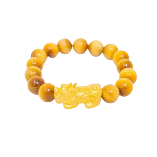 Vòng tay đá mắt hổ vàng nhạt 3A thiên nhiên mix vàng 24k tỳ hưu – May mắn – Tài lộc