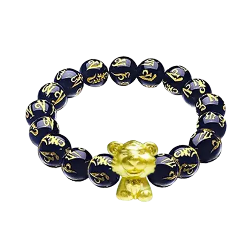 Vòng tay đá thạch anh đen chữ phối charm vàng kim dần – May mắn