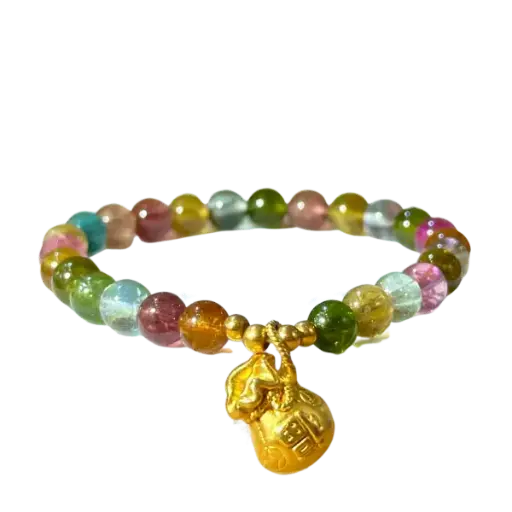 Vòng Tourmaline phối Bao đựng tiền mix Bi vàng – may mắn – tài lộc