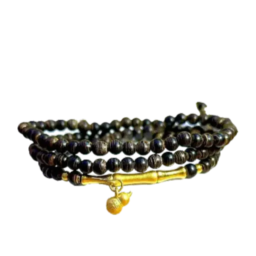 Vòng gỗ Trầm sánh 3mm phối Cây Trúc hồ lô mix Bi vàng