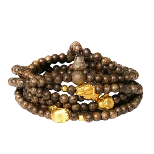 Vòng Trầm 108 Hạt Mix Vàng 24k Bình An – Tài Lộc – May Mắn