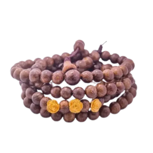 Vòng trầm tốc vườn 108 hạt mix vàng 24k charm hoa hồng