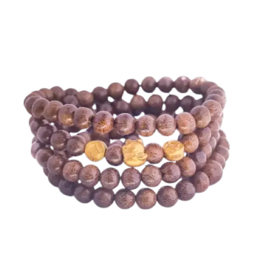 Vòng trầm tốc vườn 108 hạt phối vàng 24k mèo chiêu tài mix kim tiền bánh bao